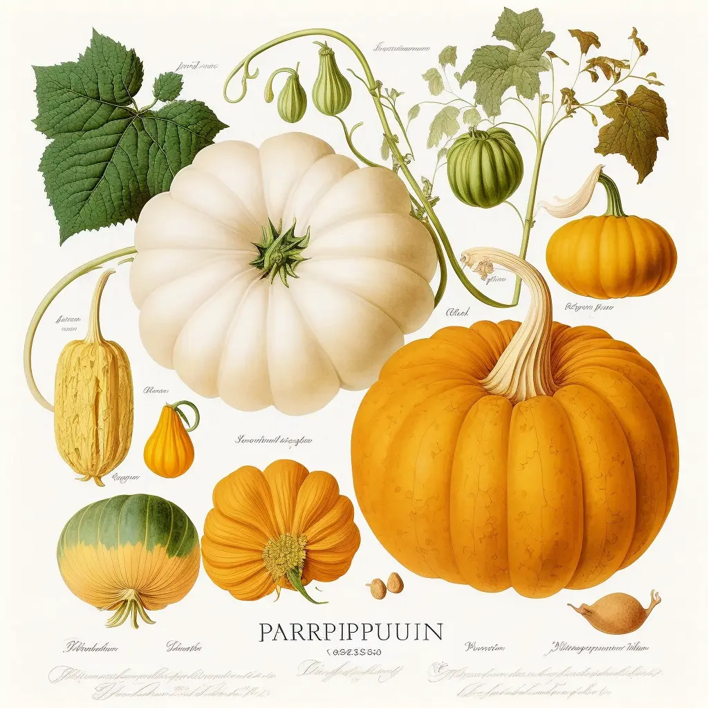 pumpkin varieties, botanical illustration, white background, style of Pierre-Joseph Redoute